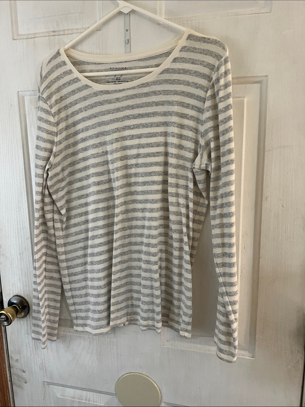 Sonoma Cream & Light Gray Striped Crewneck Sweater